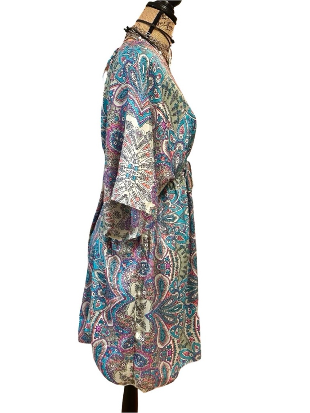 Festival Boho Paisley SHORT KIMONO STYLE DRESS - Teal Multi - OS - 70% SILK - Picture 5 of 17